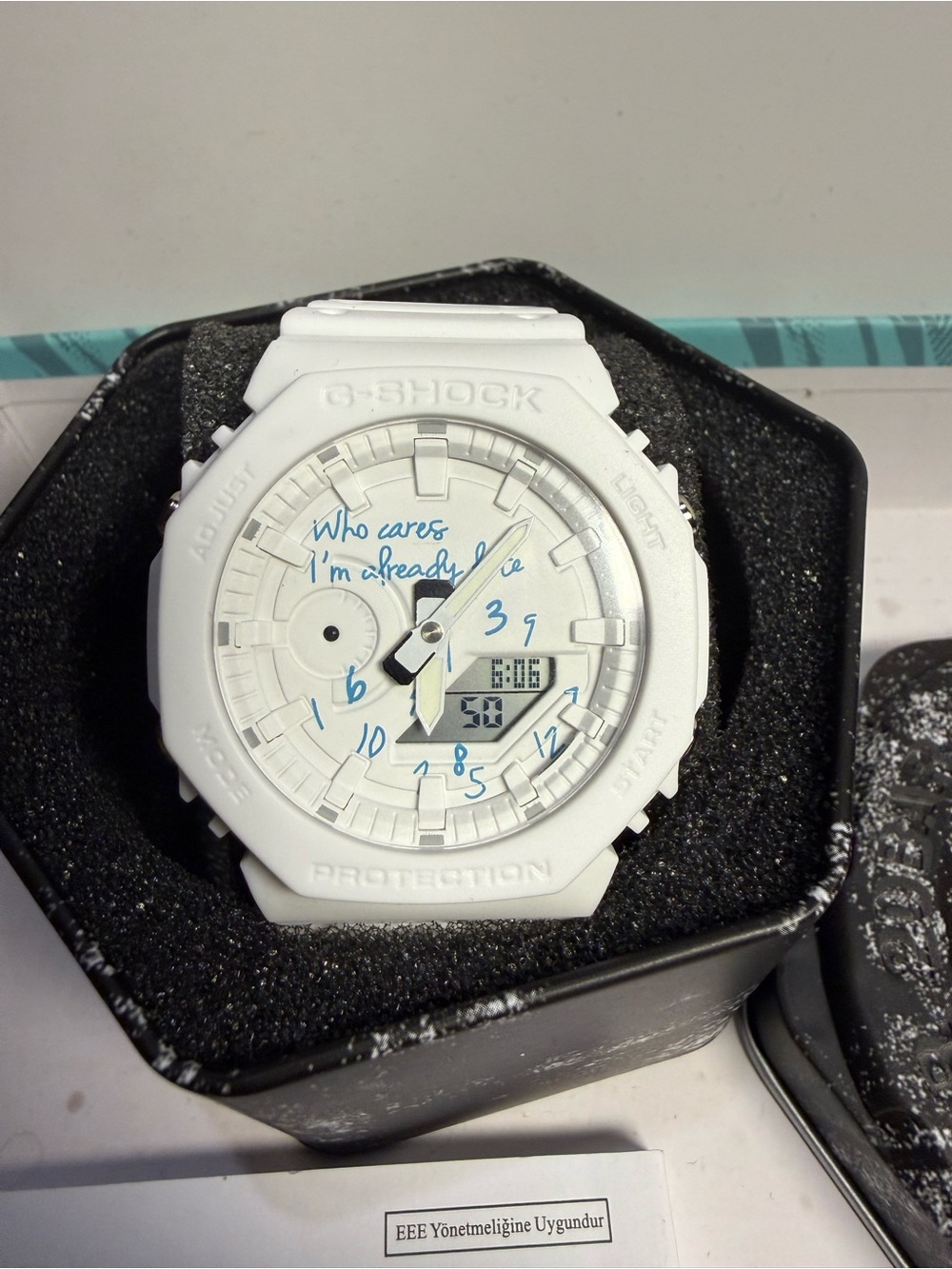 G-Shock White Analog-Digital Watch with Blue Dial Script